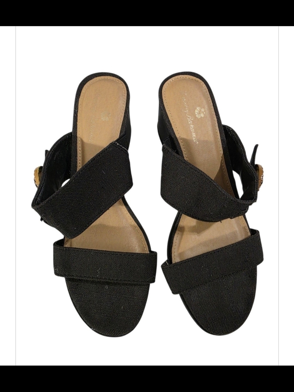 Tommy Bahama Dark Brown Canvas Block Heel Slide Sandals Buckle Detail Size 7M